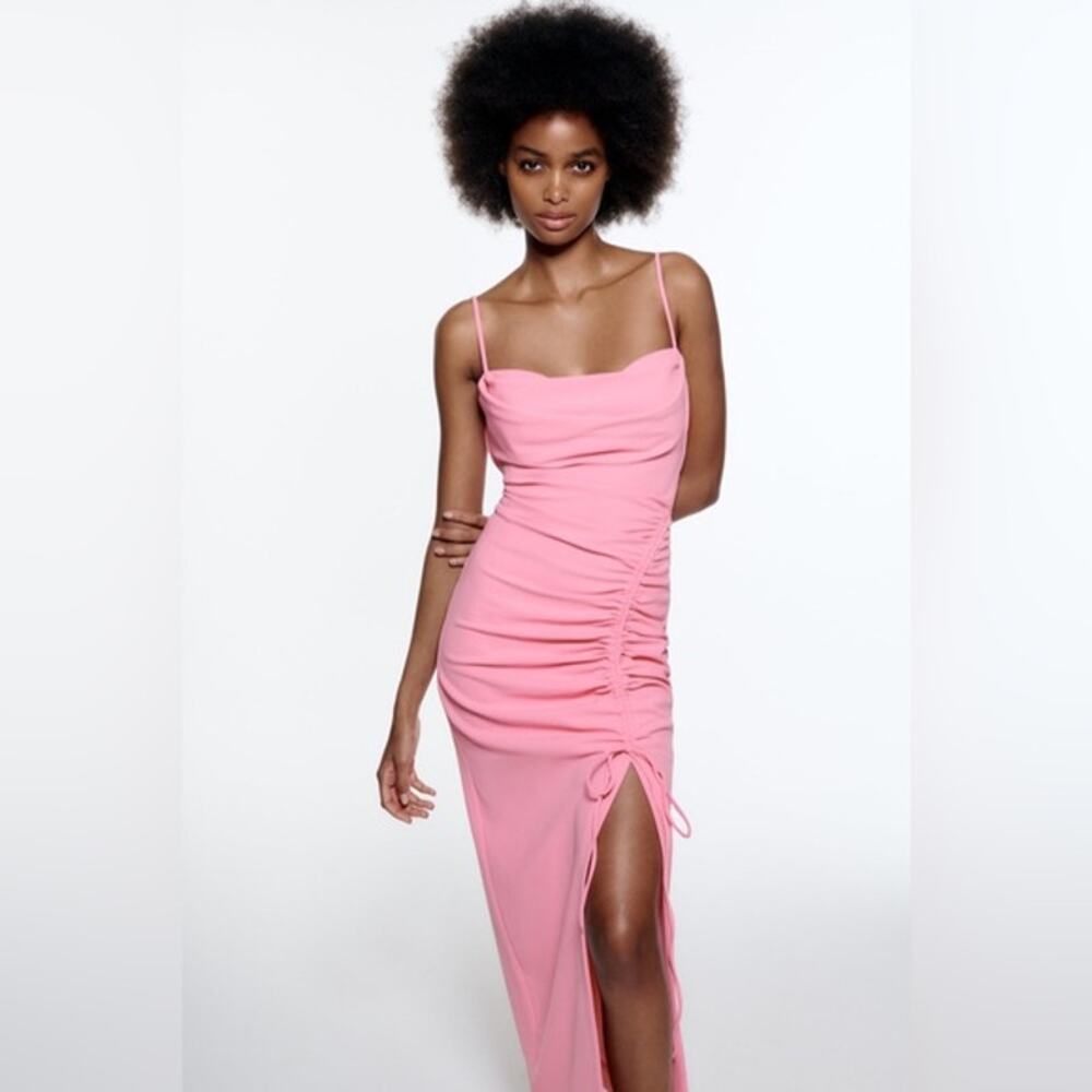 ZARA Pink Body-con Draped Midi Dress